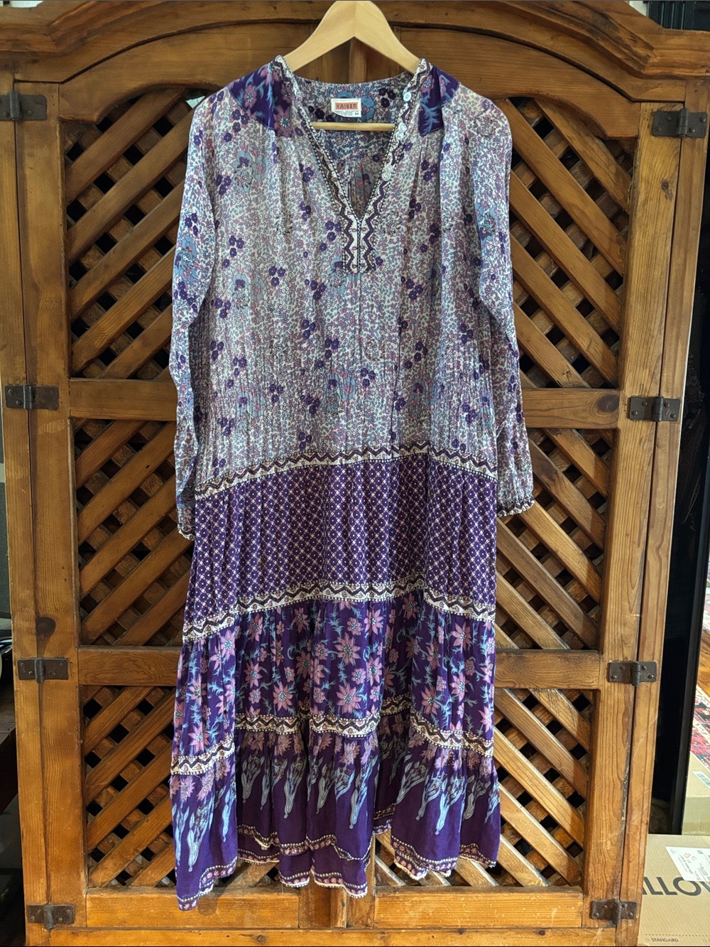 Kaiser Vintage Boho Purple Floral Patterned  Cotton Gauze Dress soft flowy